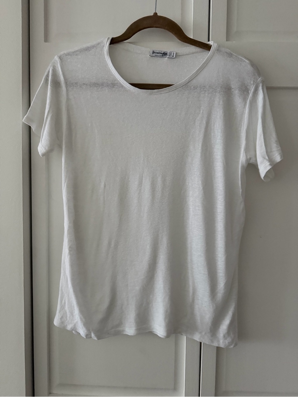 Stradivarius White Linen Viscose Blend Basic Tee Shirt S